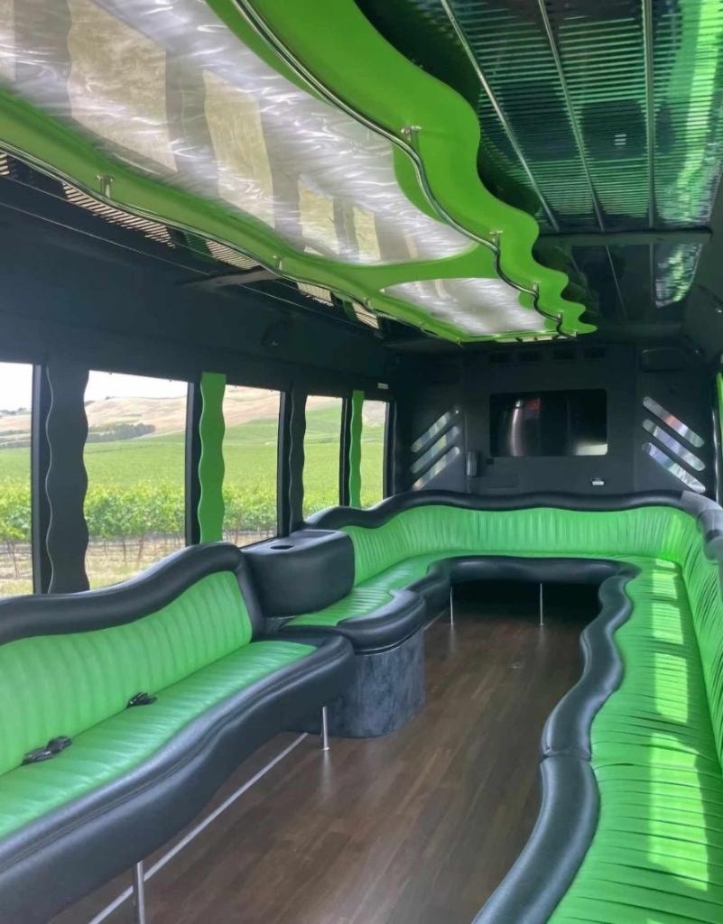 New Orleans Limo Bus interior — green seating